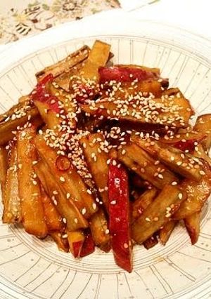 A picture of Sweet and Savory Burdock Root and Sweet Potato Stir-Fry.