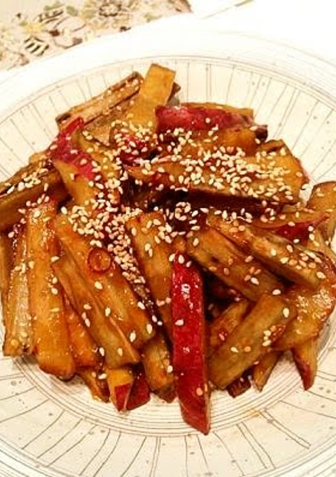 A picture of Sweet and Savory Burdock Root and Sweet Potato Stir-Fry.