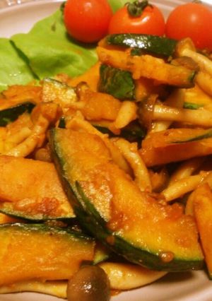 A picture of Kabocha and Shimeji Mushrooms Sautéed in Garlic and Butter.