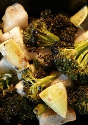 A picture of Veggie bake surprise. broccoli, turnip, and lime.