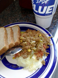 A picture of ground beef with mash potatoes.