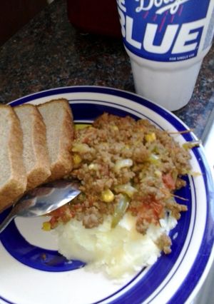 A picture of ground beef with mash potatoes.