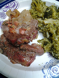 A picture of Roasted pork with banana guava ketchup.