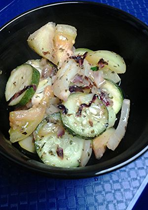 A picture of Fried green tomato warm salad.