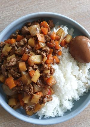 A picture of Braised minced pork with potato and carrot.