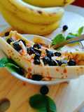 B'fast banana split blueberries oatmeal with caramel sc