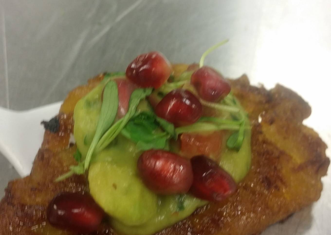 Tapas -- Plantain with a pomegranate guacamole