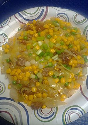 A picture of Sausage corn and cabbage.