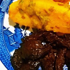 Viazi karai with beef fillets A picture of Viazi karai with beef fillets.