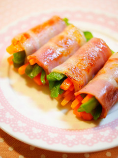 A picture of Bacon-Wrapped Carrot and Bell Pepper.