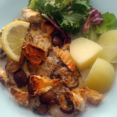 A picture of Vickys Crumbed Fish with Garlic Mushrooms, Gluten, Dairy, Egg & Soy-Free.