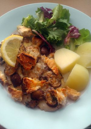 A picture of Vickys Crumbed Fish with Garlic Mushrooms, Gluten, Dairy, Egg & Soy-Free.
