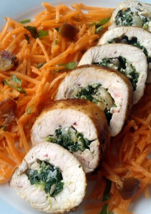 A picture of Vickys Spinach & Mushroom Stuffed Chicken Rolls, GF DF EF SF NF.