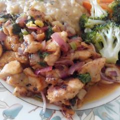 A picture of Lemon Chicken with Mashed-Gravy Potato and Boiled Veggies.