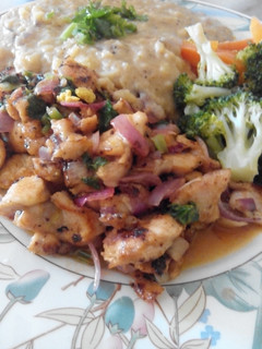 A picture of Lemon Chicken with Mashed-Gravy Potato and Boiled Veggies.
