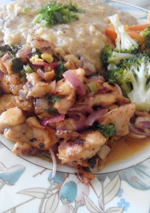 A picture of Lemon Chicken with Mashed-Gravy Potato and Boiled Veggies.
