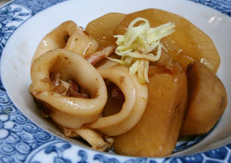 Any-night-of-the-week Well-Flavoured Simmered Taro Roots, Daikon Radish, and Squid