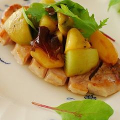 A picture of Sautéed Pork with Balsamic Vinegar and Kiwi Sauce.