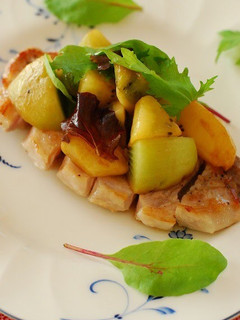 A picture of Sautéed Pork with Balsamic Vinegar and Kiwi Sauce.