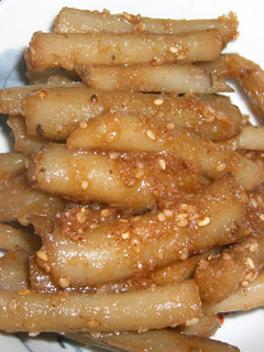 A picture of Burdock Root Stir-fry for the New Year's Feast.