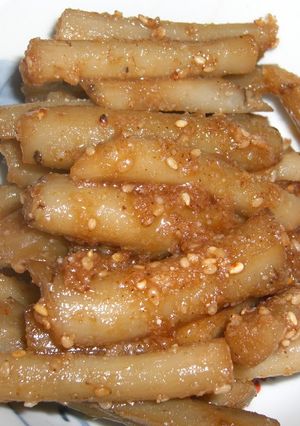 A picture of Burdock Root Stir-fry for the New Year's Feast.
