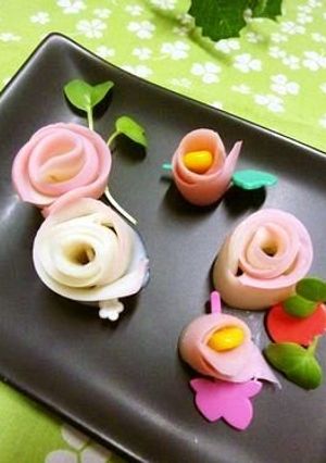 A picture of Kamaboko Flowers Using a Vegetable Peeler.