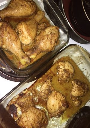A picture of Peruvian chicken with green sauce.