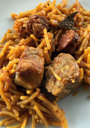 A picture of Fideos with Pork Ribs and Spanish Chorizo.
