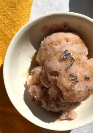 A picture of Roasted white nectarines and lavender sorbet.