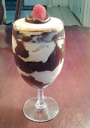 A picture of White and Dark Chocolate Pudding Parfaits.
