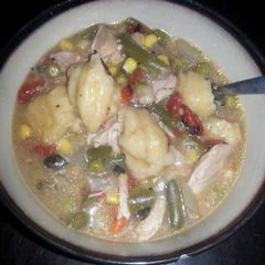A picture of Chicken and dumplings (full of veggies).