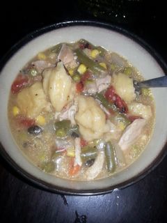 A picture of Chicken and dumplings (full of veggies).