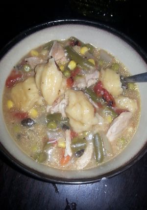 A picture of Chicken and dumplings (full of veggies).