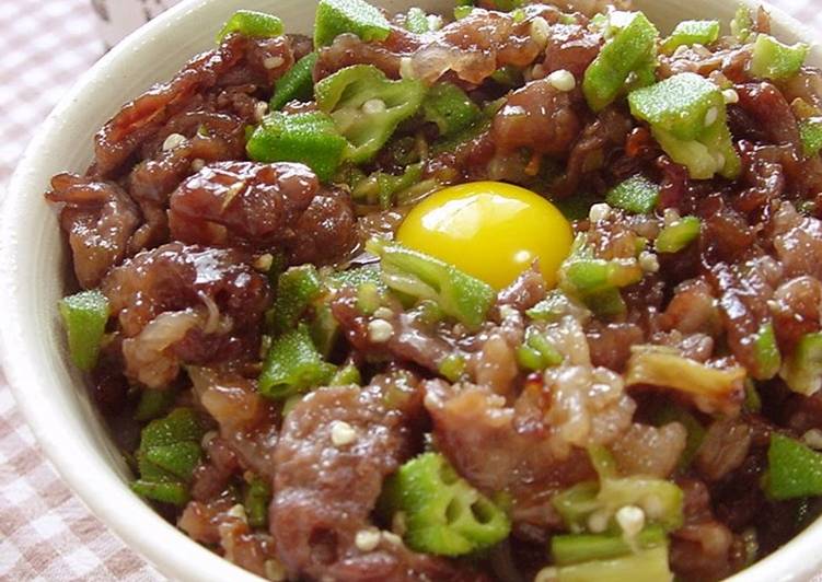Simple Way to Make Super Quick Homemade Beef Rice Bowl with Sticky and Fluffy Minced Okra