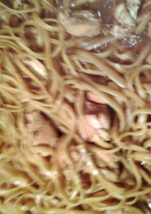 A picture of noodles with chicken.