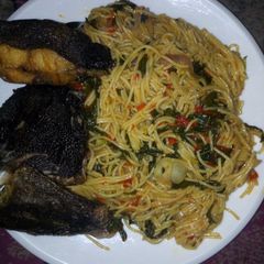 Spaghetti and fish A picture of Spaghetti and fish.