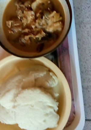 A picture of Nsala soup with pounded yam.