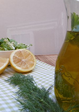 A picture of Home made Olive Oil and Lemon Dressing.