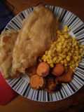 Homemade cod and fried sweet potato with Sweetcorn