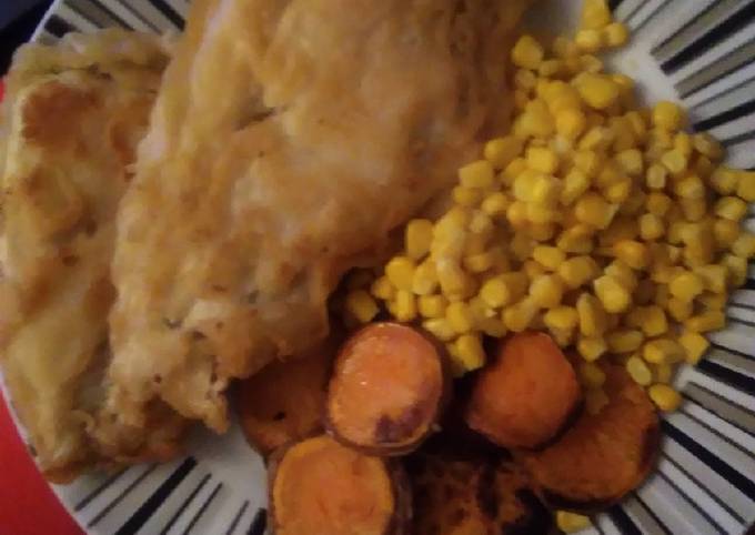 Homemade cod and fried sweet potato with Sweetcorn