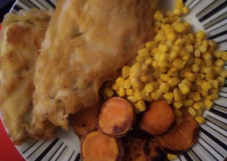 Simple Way to Prepare Homemade Homemade cod and fried sweet potato with Sweetcorn