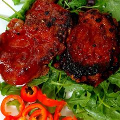 A picture of My Roasted Pork Steaks in My Homemade Gochujang Sauce 💜.