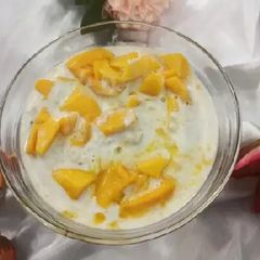 A picture of Oat meal with mango chunks.