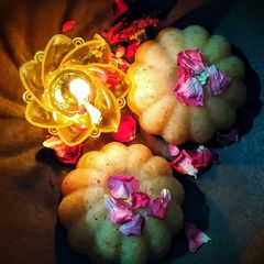 A picture of Pistachio almond ghee halwa cake.