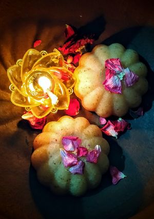 A picture of Pistachio almond ghee halwa cake.