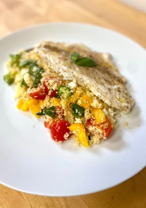 A picture of Steamed Sea Bream with Vegetable Tabbouleh: Healthy Recipe for Week 17 of Pregnancy.