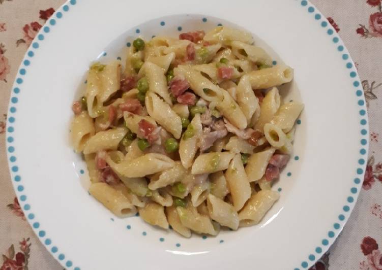 Penne pisellini, funghi e speck Bimby
