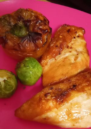 A picture of Airfryer roast chicken breast and stuffed pepper.