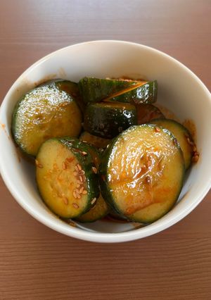 A picture of Korean style cucumber salad.