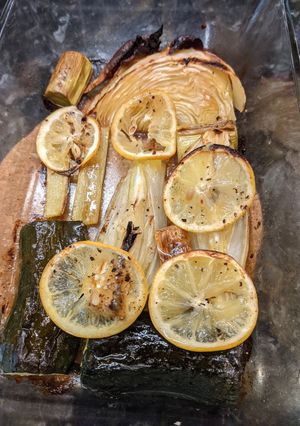 A picture of Roasted fennel and other vegetables with Lemon.